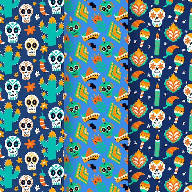 Handgetekende platte dia de muertos patronen collectie