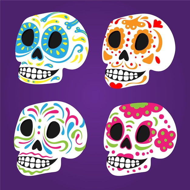 Handgetekende platte dia de muertos schedels collectie