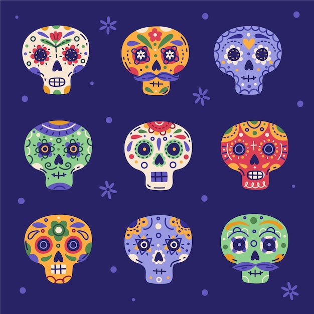 Handgetekende platte dia de muertos schedels collectie