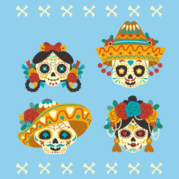 Handgetekende platte dia de muertos schedels collectie