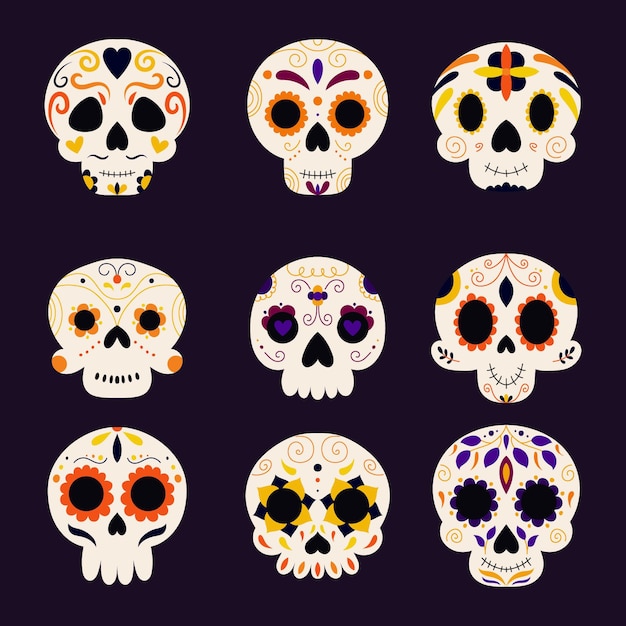 Gratis vector handgetekende platte dia de muertos schedels collectie