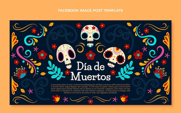 Handgetekende platte dia de muertos social media postsjabloon