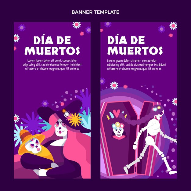 Handgetekende platte dia de muertos verticale banners set