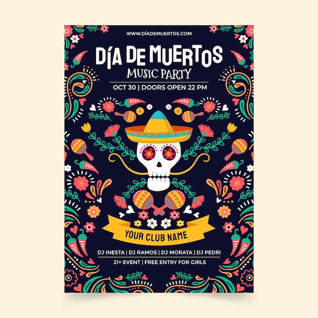 Handgetekende platte dia de muertos verticale flyer-sjabloon