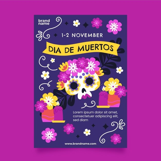 Handgetekende platte dia de muertos verticale flyer-sjabloon