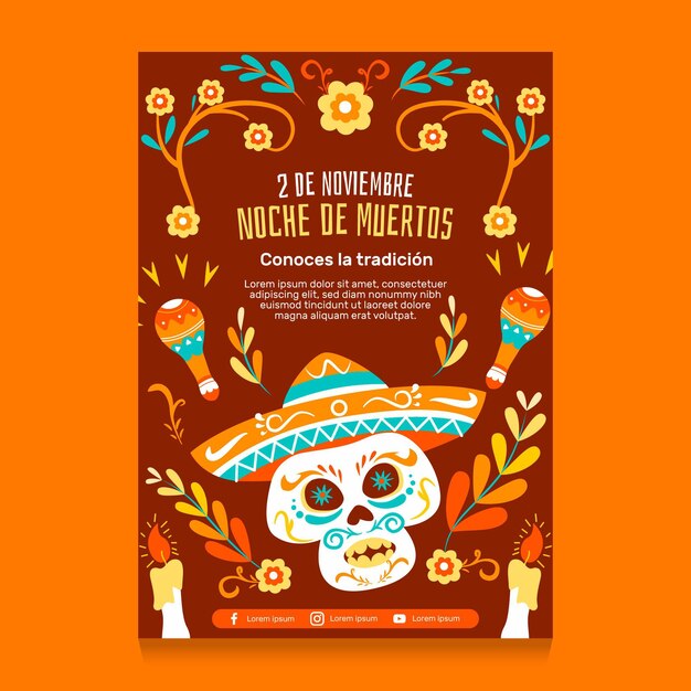 Handgetekende platte dia de muertos verticale postersjabloon