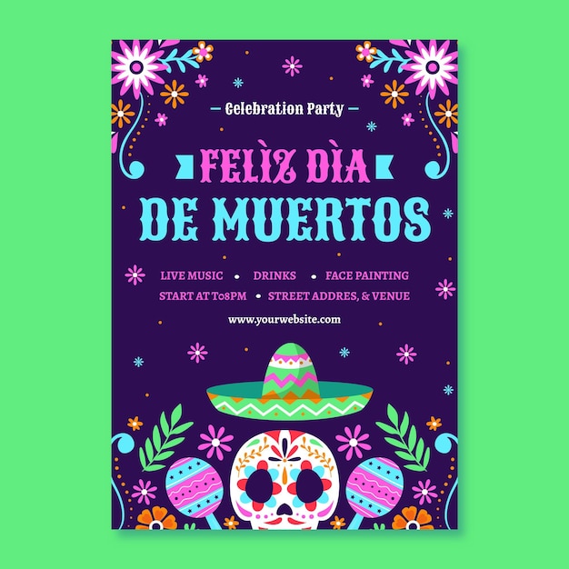 Gratis vector handgetekende platte dia de muertos verticale postersjabloon