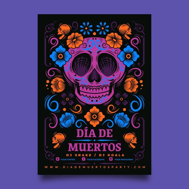 Handgetekende platte dia de muertos verticale postersjabloon