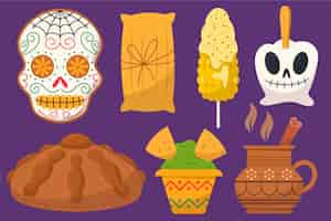 Gratis vector handgetekende platte dia de muertos voedselverzameling