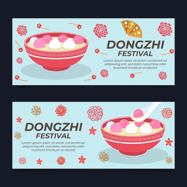 Handgetekende platte dongzhi festival horizontale banners set