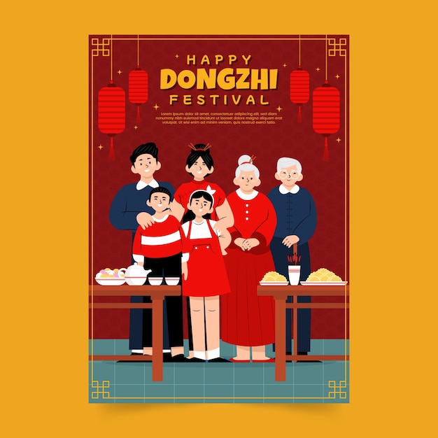 Gratis vector handgetekende platte dongzhi festival wenskaartsjabloon