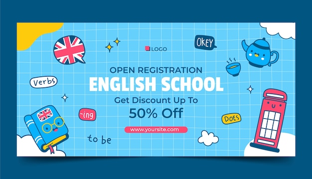 Gratis vector handgetekende platte engelse schoolbanner