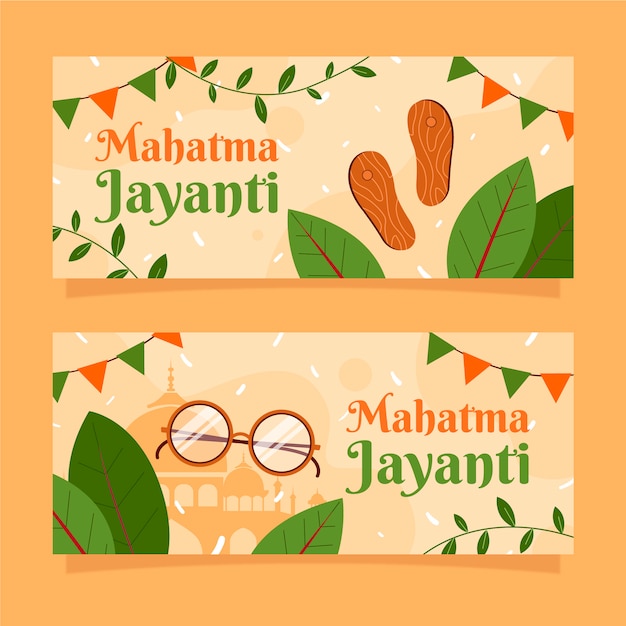 Handgetekende platte gandhi jayanti horizontale banners set