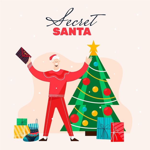 Gratis vector handgetekende platte geheime kerstmanillustratie