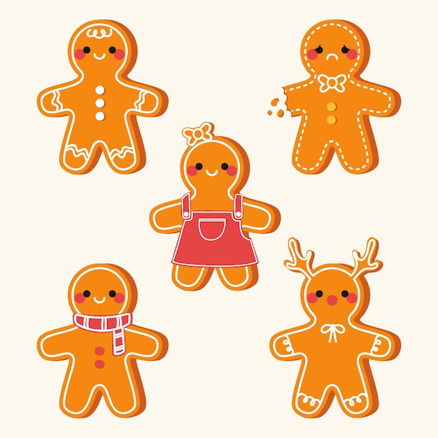 Handgetekende platte gingerbread man cookies collectie