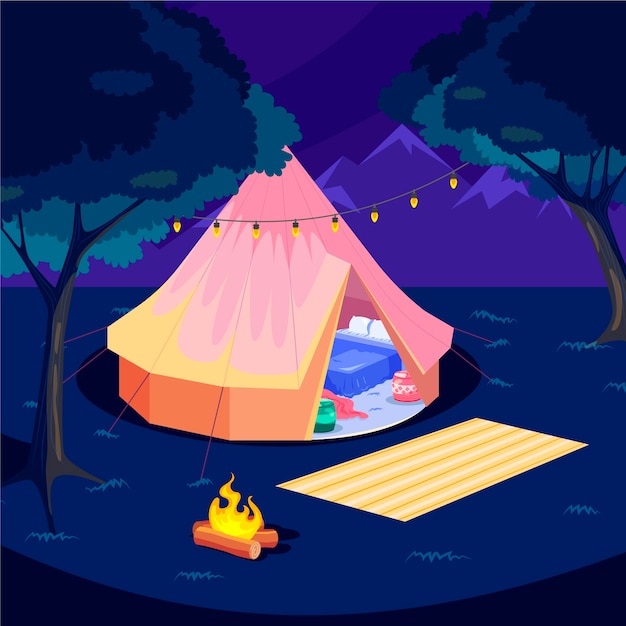 Handgetekende platte glamping illustratie