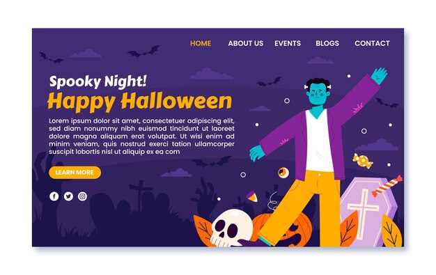 Handgetekende platte halloween-bestemmingspaginasjabloon