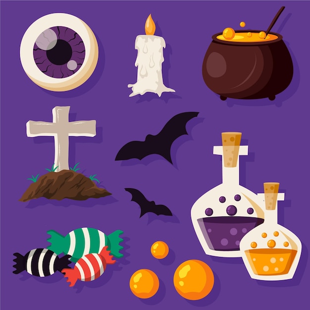 Handgetekende platte halloween-elementencollectie