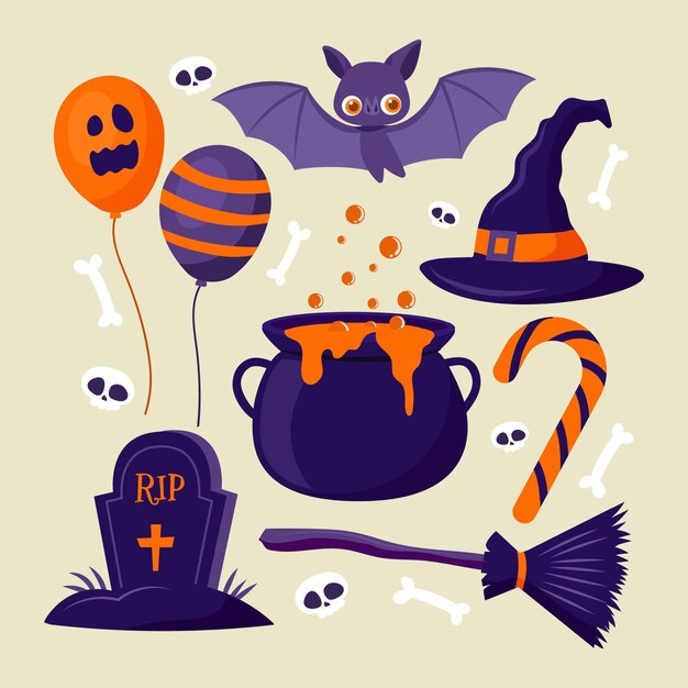 Handgetekende platte halloween-elementencollectie