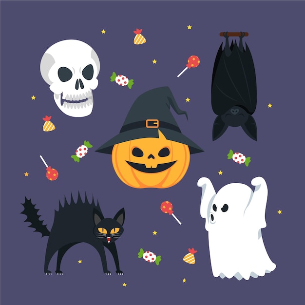 Gratis vector handgetekende platte halloween-elementencollectie