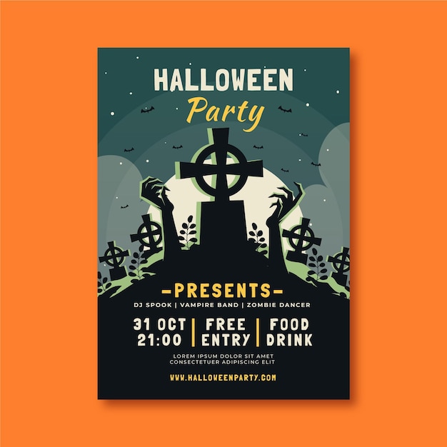 Handgetekende platte halloween-feest verticale postersjabloon