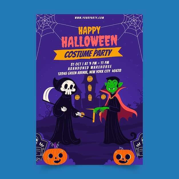 Handgetekende platte halloween-feestpostersjabloon