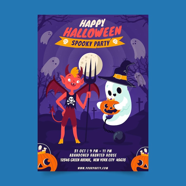 Handgetekende platte halloween-feestpostersjabloon