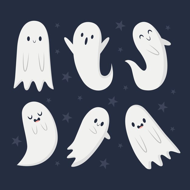 Handgetekende platte halloween-geestencollectie