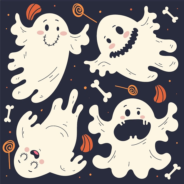 Gratis vector handgetekende platte halloween-geestencollectie