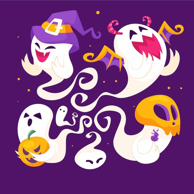 Gratis vector handgetekende platte halloween-geestencollectie