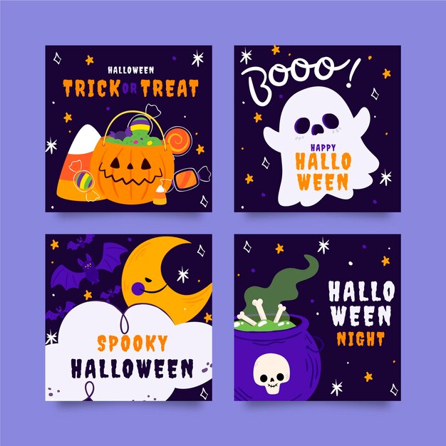 Handgetekende platte halloween instagram posts collectie