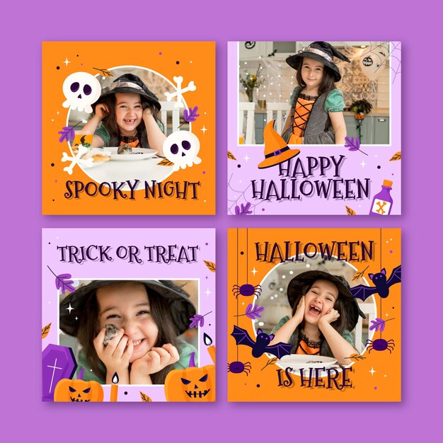 Handgetekende platte halloween instagram posts collectie