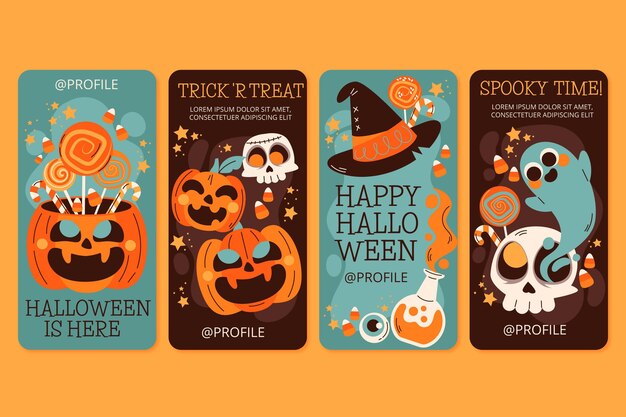 Handgetekende platte halloween instagram verhalencollectie