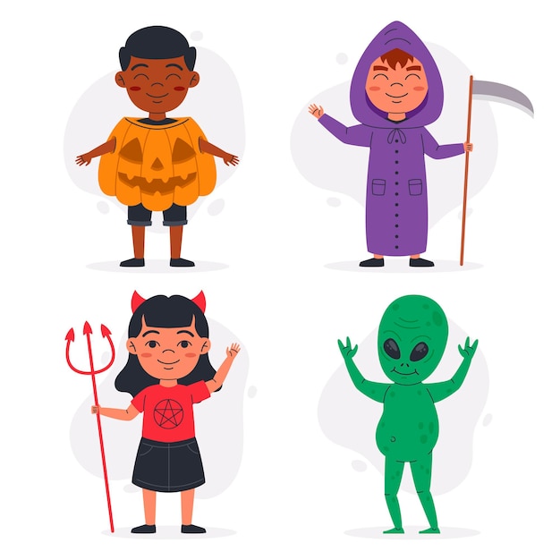 Gratis vector handgetekende platte halloween-kostuumscollectie