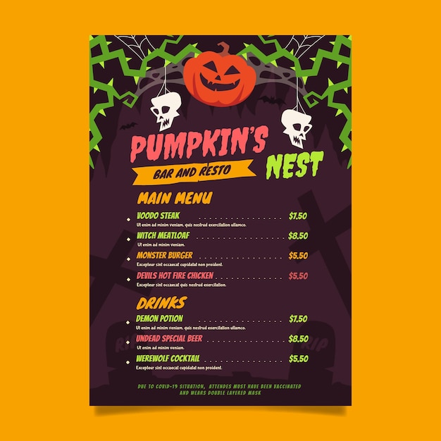 Gratis vector handgetekende platte halloween menusjabloon