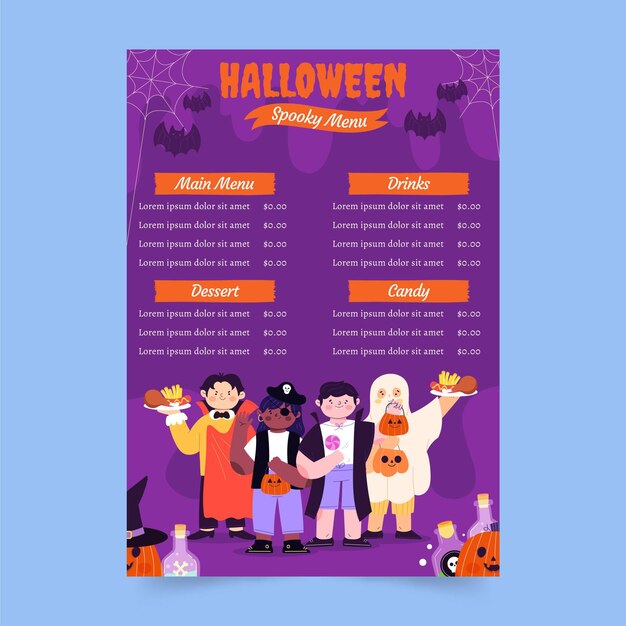 Gratis vector handgetekende platte halloween menusjabloon