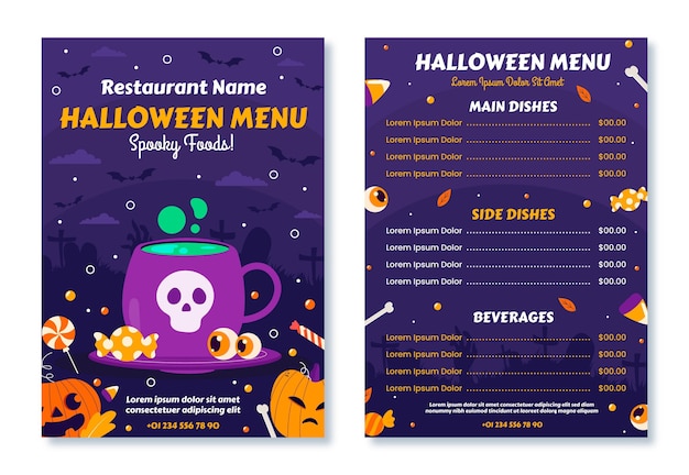 Gratis vector handgetekende platte halloween menusjabloon