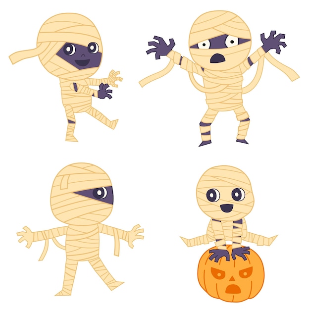 Handgetekende platte halloween mummies-collectie