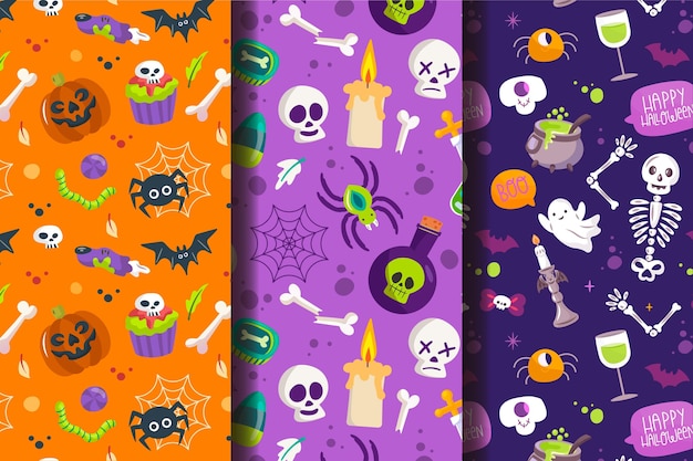 Handgetekende platte halloween-patronencollectie