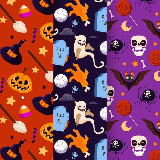 Gratis vector handgetekende platte halloween-patronencollectie