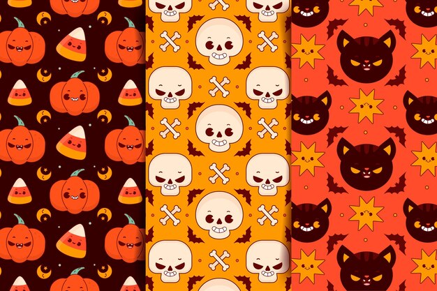 Handgetekende platte halloween-patronencollectie