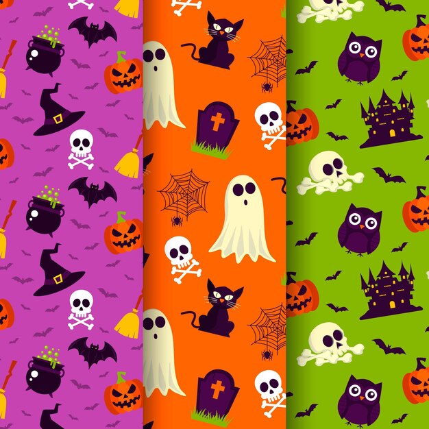Handgetekende platte halloween-patronencollectie