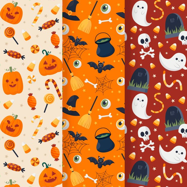 Handgetekende platte halloween-patronencollectie