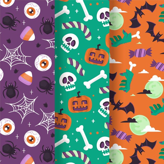 Handgetekende platte halloween-patronencollectie