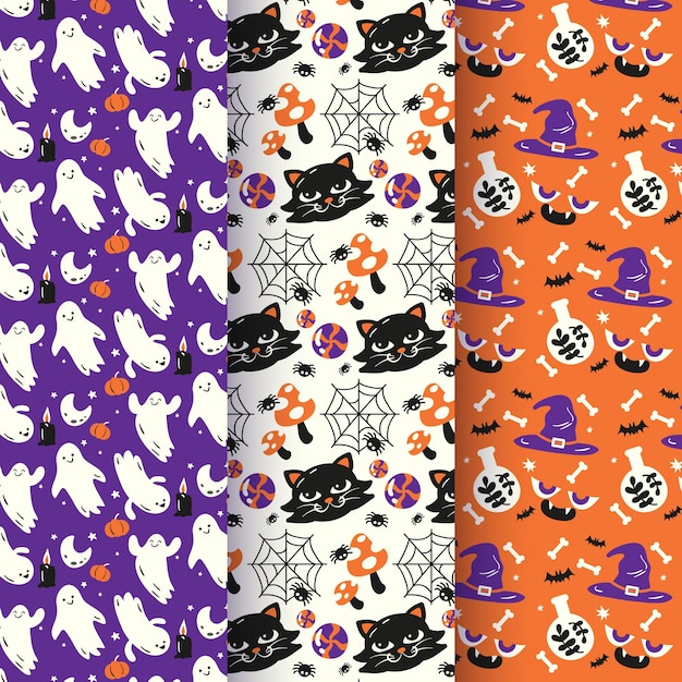 Gratis vector handgetekende platte halloween-patronencollectie