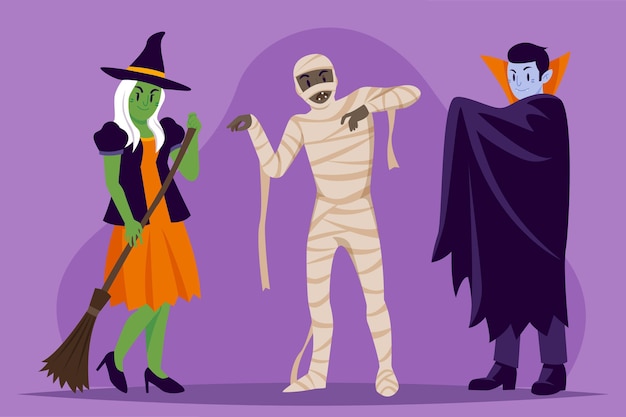 Gratis vector handgetekende platte halloween-personagescollectie