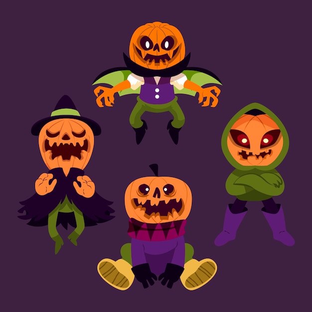 Gratis vector handgetekende platte halloween-pompoenencollectie