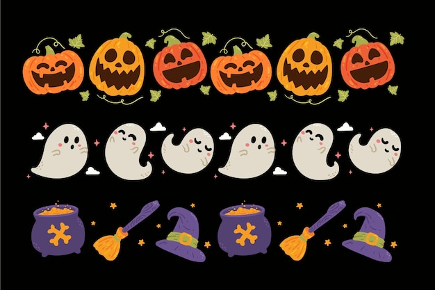 Gratis vector handgetekende platte halloween-randencollectie