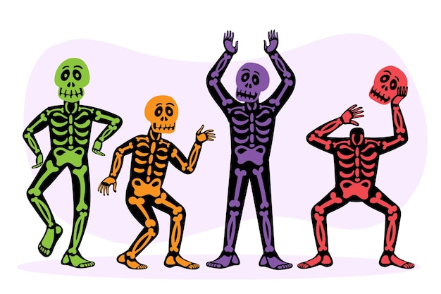 Gratis vector handgetekende platte halloween-skelettencollectie