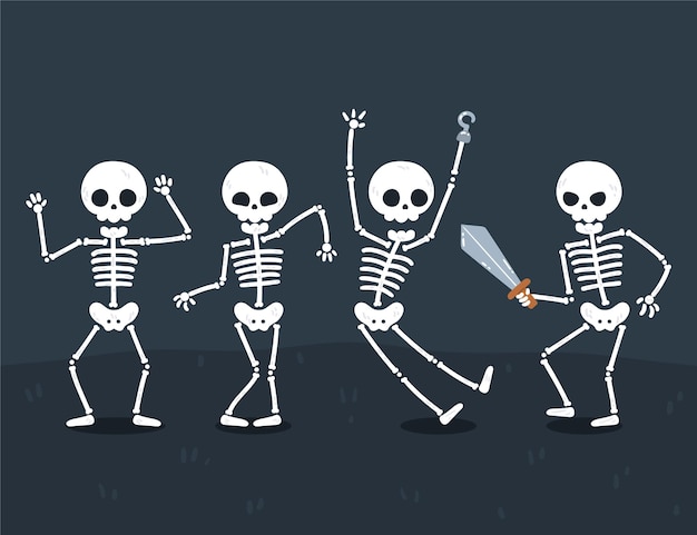 Handgetekende platte halloween-skelettencollectie